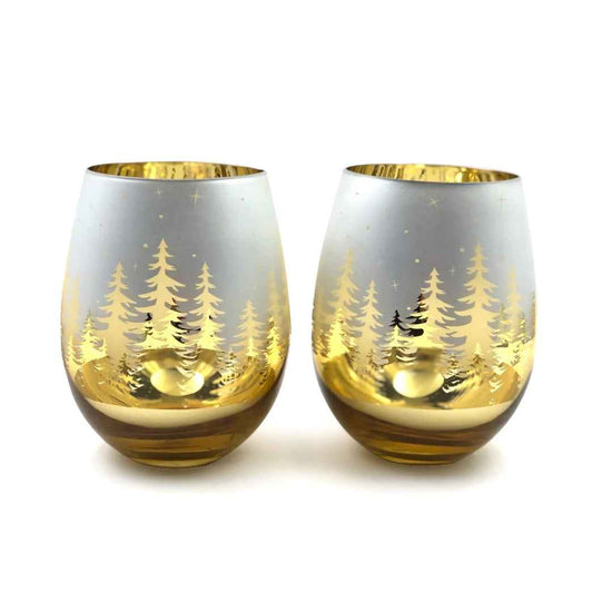 Gold Pine Tree Stemless Wine Glasses