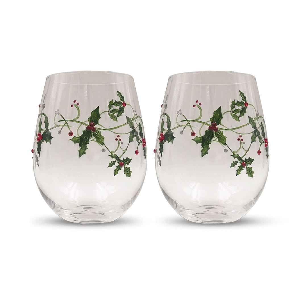 Christmas Holly Stemless Wine Glasses