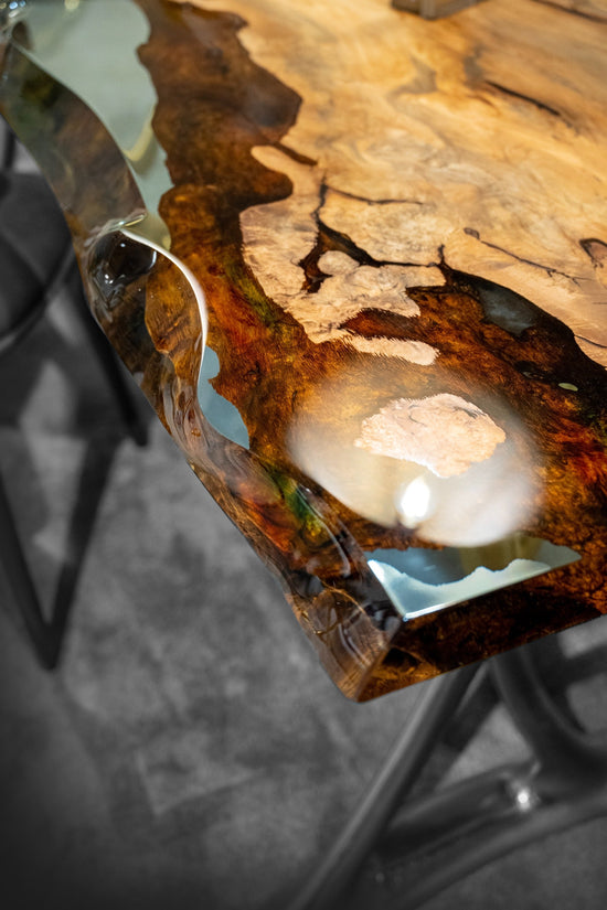 Natural Epoxy Side Dining Table Made Of Linden Wood | Aluminum Legs Featured
