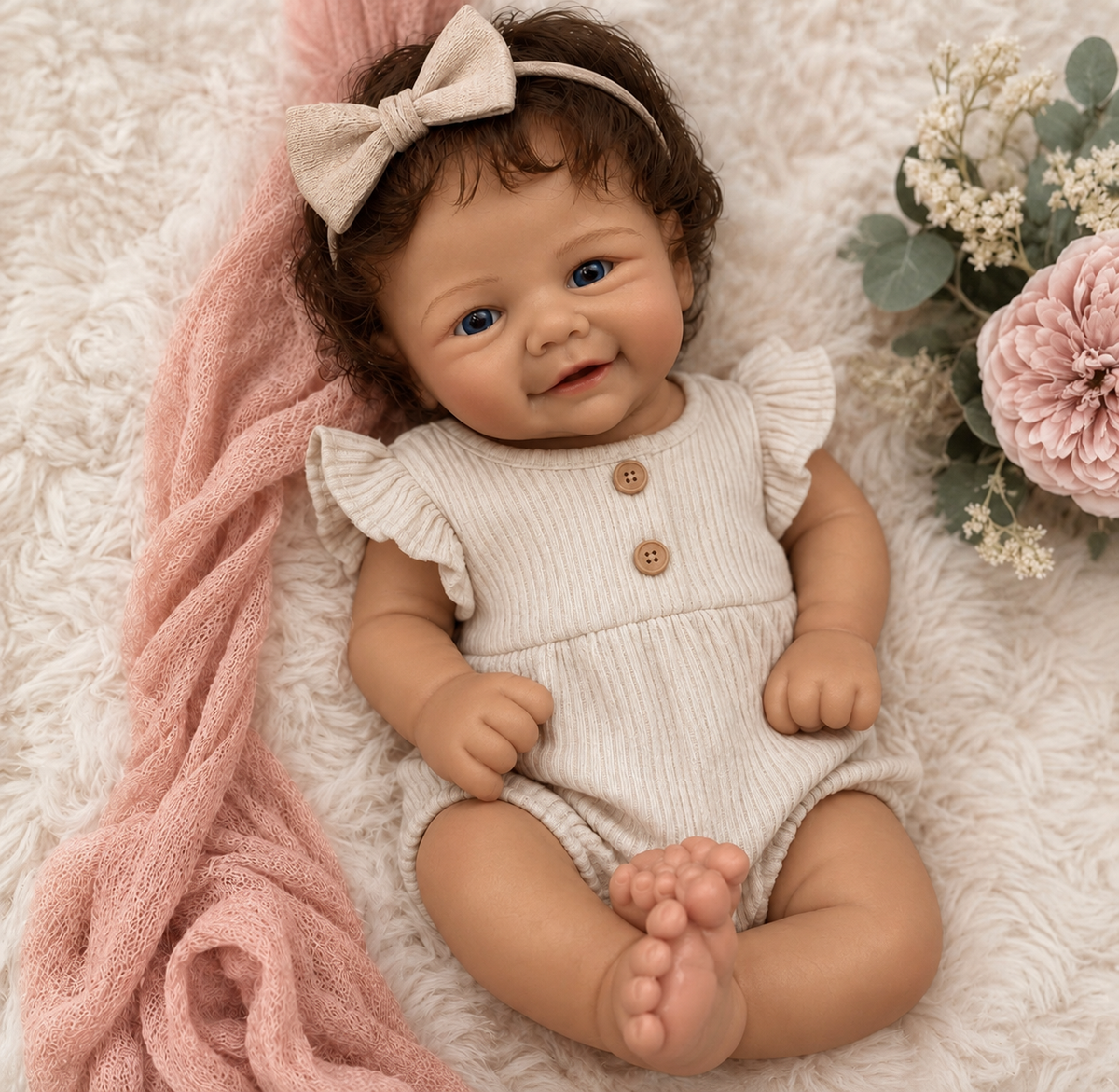 Gracie 17” W/ NEWBORN CURLY HAIR ,CUSTOM MADE Full Body PREMIUM Silicone- No mold seam lines on limbs! TAN Skin, open mouth tat 10-15 days