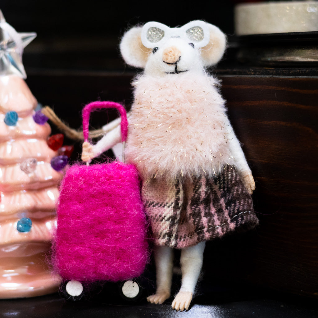 Felt "Traveling" Mouse with Sunglasses and Fur Coat Holding a Suitcase Ornament