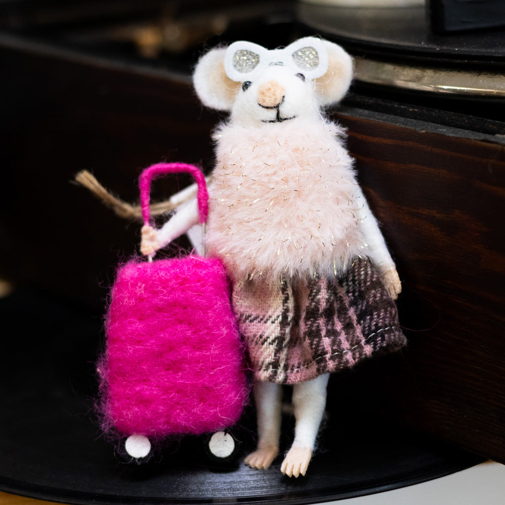 Felt "Traveling" Mouse with Sunglasses and Fur Coat Holding a Suitcase Ornament
