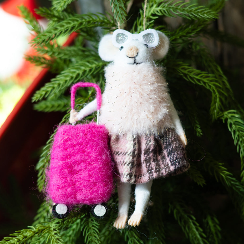 Felt "Traveling" Mouse with Sunglasses and Fur Coat Holding a Suitcase Ornament