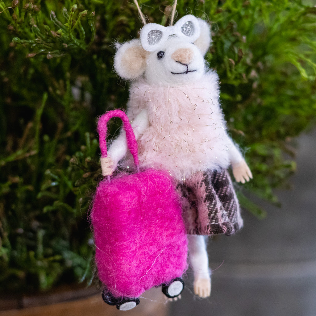 Felt "Traveling" Mouse with Sunglasses and Fur Coat Holding a Suitcase Ornament