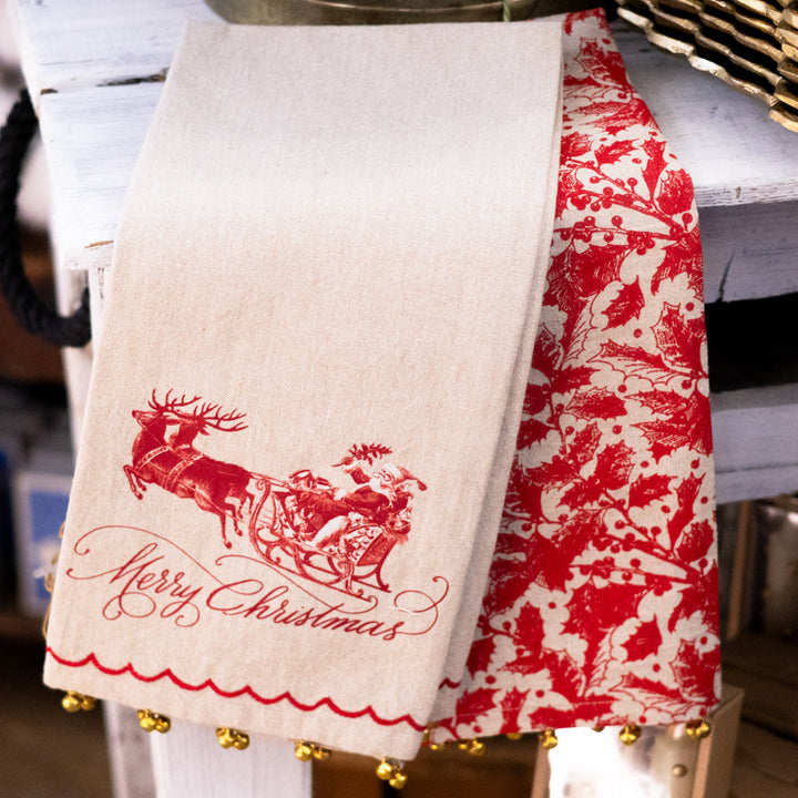 Yuletide Santa on Sleigh Towel with Brass Bells — distinctive home decor and gift