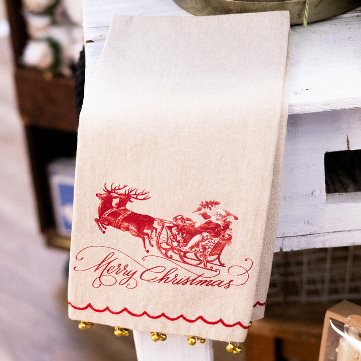 Yuletide Santa on Sleigh Towel with Brass Bells — decorative home accent and gift idea online gift shop find