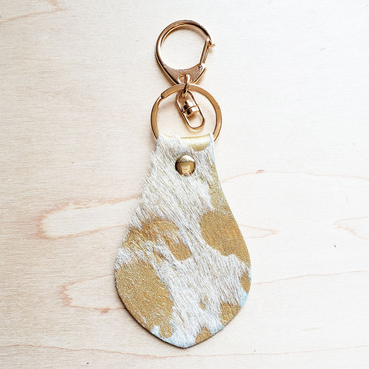 **Hair on Hide Leather Key Chain - Cream and Gold 700p