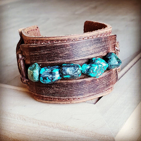 **Genuine Leather Wide Cuff Bracelet w/ Natural Turquoise Chunks 006p