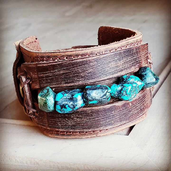 **Genuine Leather Wide Cuff Bracelet w/ Natural Turquoise Chunks 006p