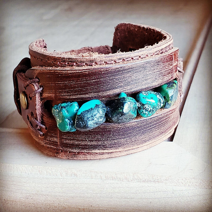 **Genuine Leather Wide Cuff Bracelet w/ Natural Turquoise Chunks 006p