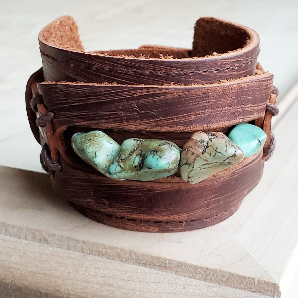 **Genuine Leather Wide Cuff Bracelet w/ Natural Turquoise Chunks 006p