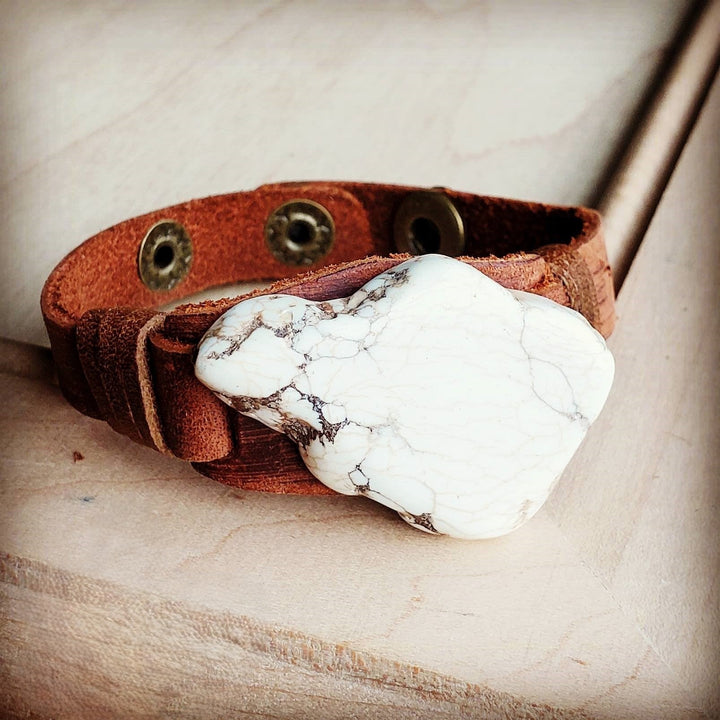 White Turquoise Chunk on Narrow Leather Cuff 005Y