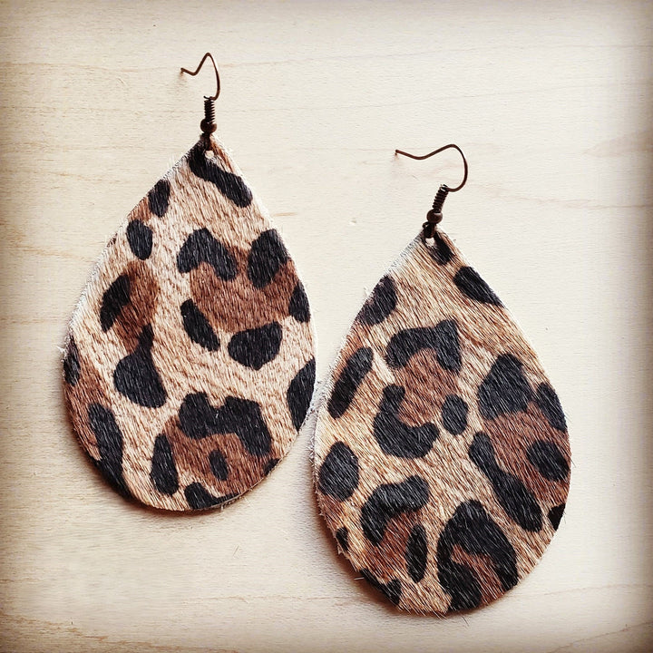 **Leather Teardrop Earrings in Leopard Print Hair on Hide 216n