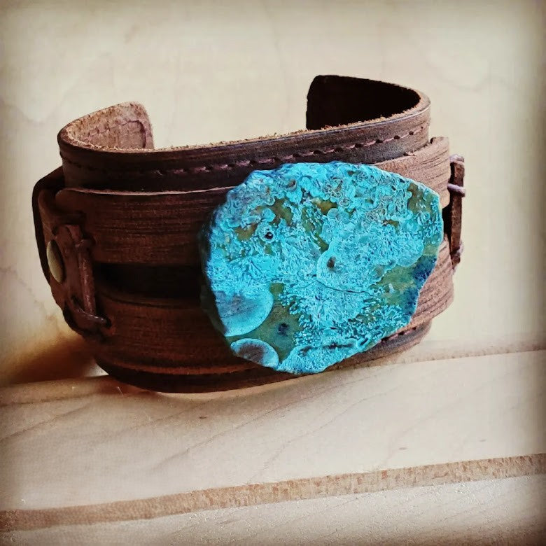 **Genuine Leather Wide Cuff Bracelet w/ Ocean Agate Slab 004C