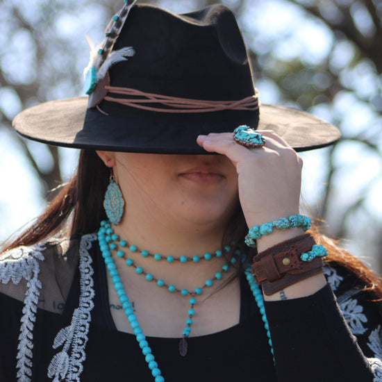 Genuine Leather Wide Cuff with Blue Turquoise Chunks 001z