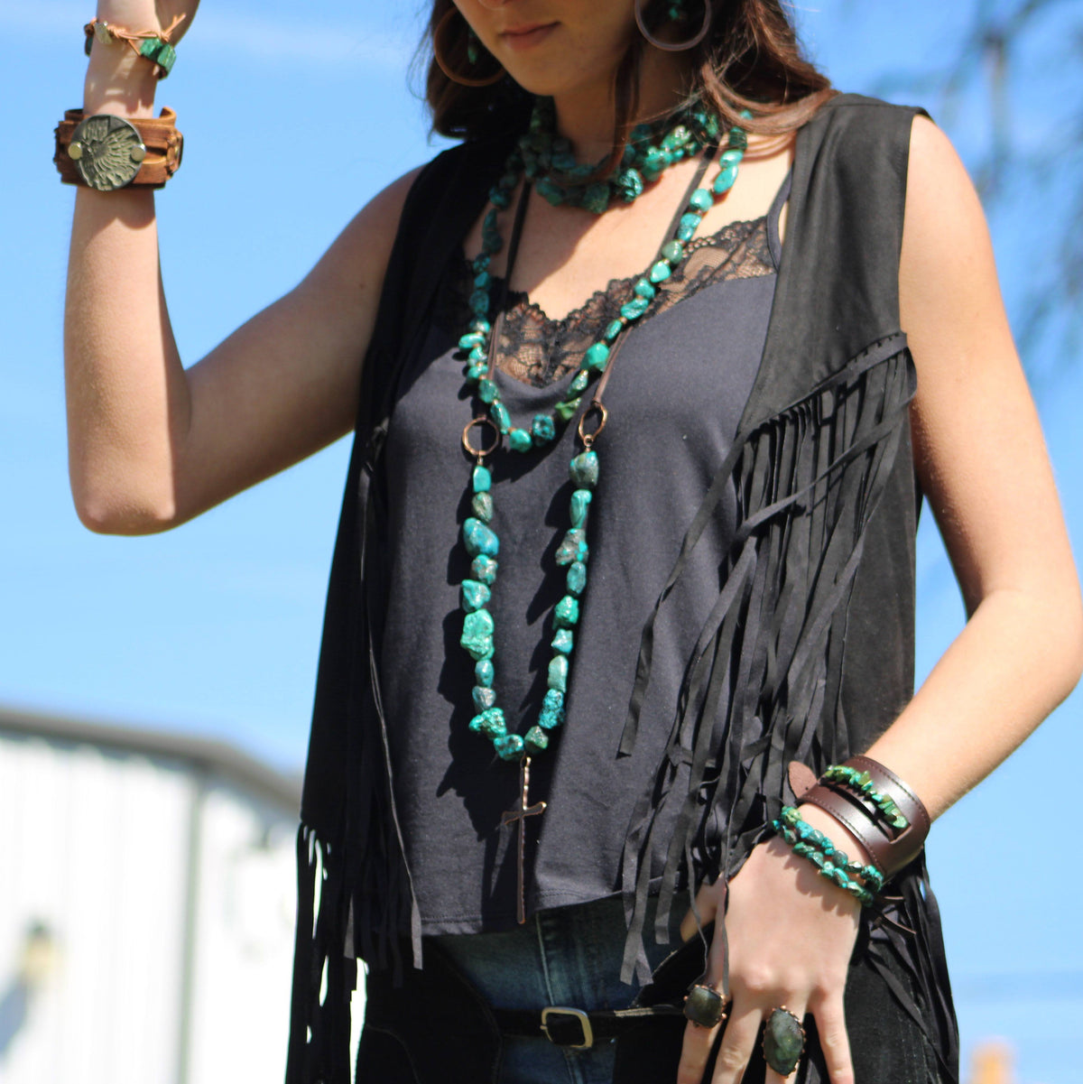 **Wide Dark Leather Cuff with Natural Turquoise Chunks 011y