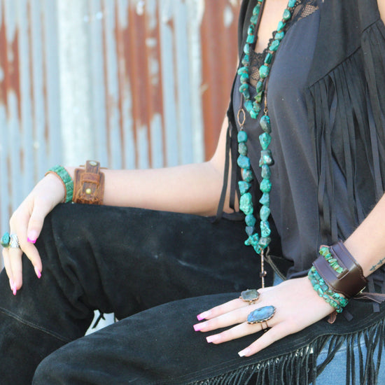 **Wide Dark Leather Cuff with Natural Turquoise Chunks 011y
