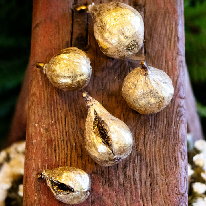 Set of Five Antiqued Resin Gold Finish Figs — giftable home decor accent online gift shop find