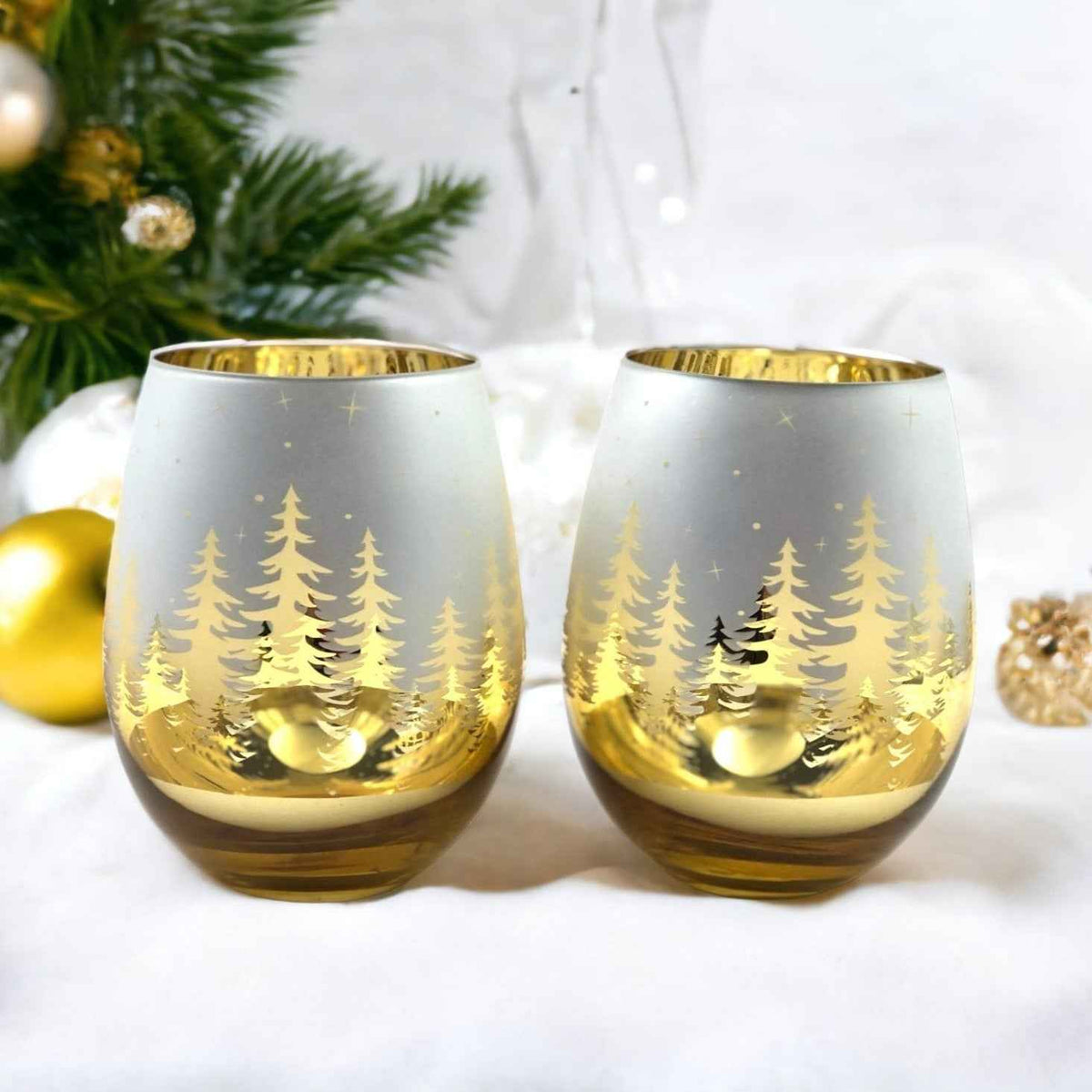 Gold Pine Tree Stemless Wine Glasses