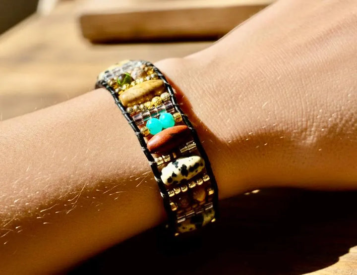 Natural Stone and wood beaded Bracelet Boho design with Leather button on closure
