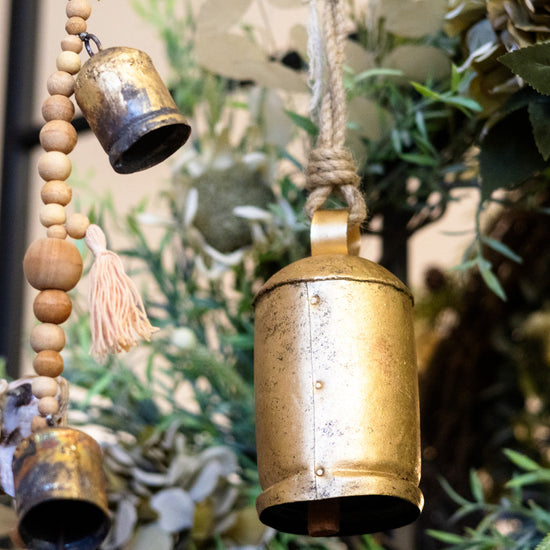 Tall Antiqued Gold Iron with Jute Bell