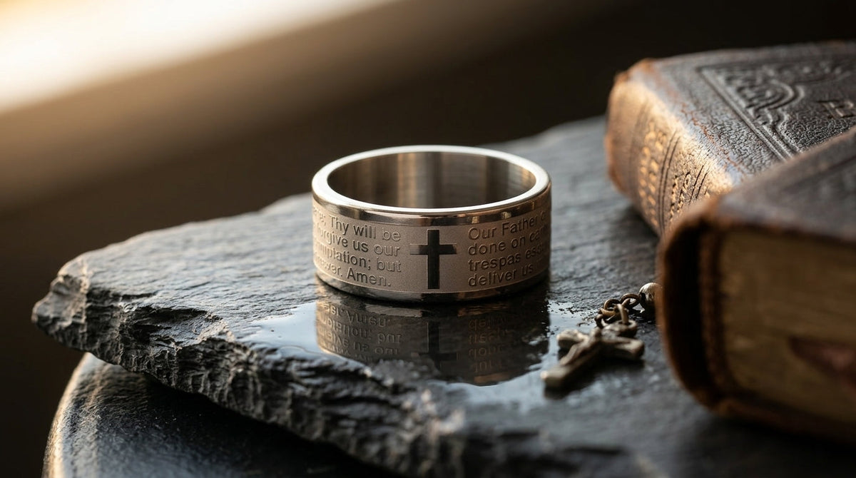Ring Silver Lord's Prayer Our Father Wedding Rings 8mm Wide Stainless Steel Ring for Woman Waterproof Jewelry Ring Men