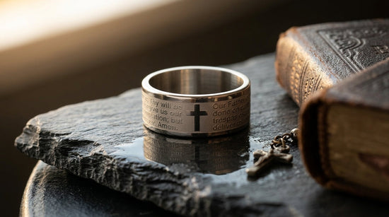 Ring Silver Lord's Prayer Our Father Wedding Rings 8mm Wide Stainless Steel Ring for Woman Waterproof Jewelry Ring Men