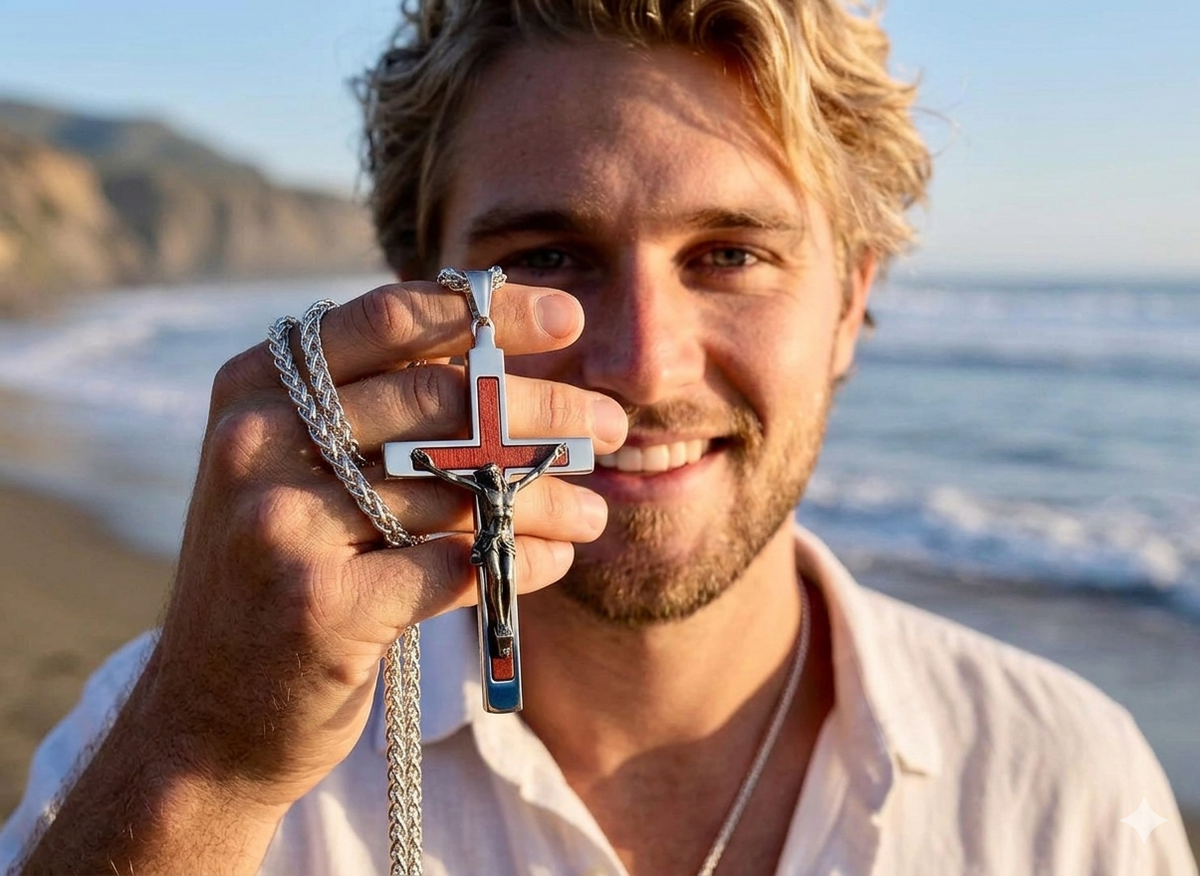 Behemoth wood inlayed crucifix cross necklace for men man women stainless steel large hypoallergenic cross 2