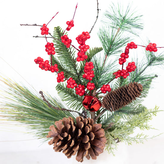 Mixed Pine with Pinecones Red Berries and Red Bell Spray