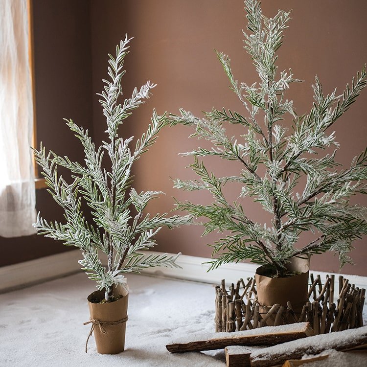 Cedar Fir Tree Snow Flocked Christmas Tree in Paper Wrapped Base, artificial Christmas tree for festive holiday home decor from Cedar & Spice Gifts