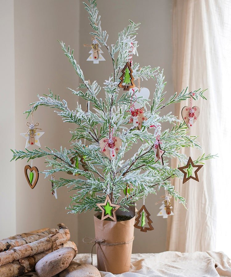 Cedar Fir Tree Snow Flocked Christmas Tree in Paper Wrapped Base, decorative Christmas tree for home and seasonal holiday display