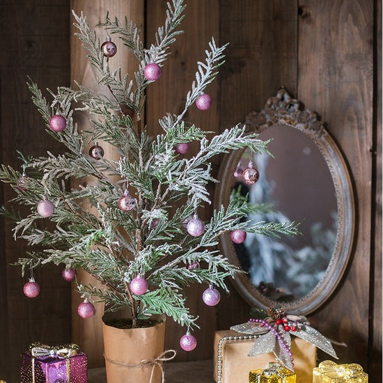 Cedar Fir Tree Snow Flocked Christmas Tree in Paper Wrapped Base, holiday tree for festive indoor Christmas decorating