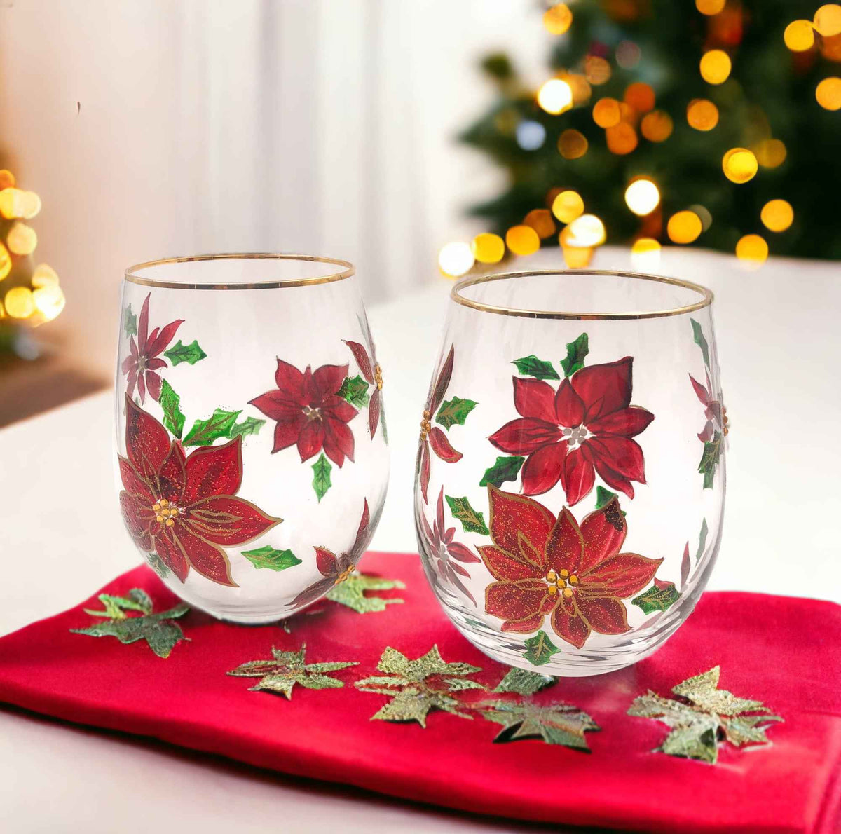 Painted Poinsettia Stemless Wine Glasses