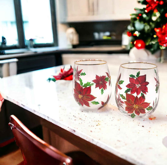 Painted Poinsettia Stemless Wine Glasses