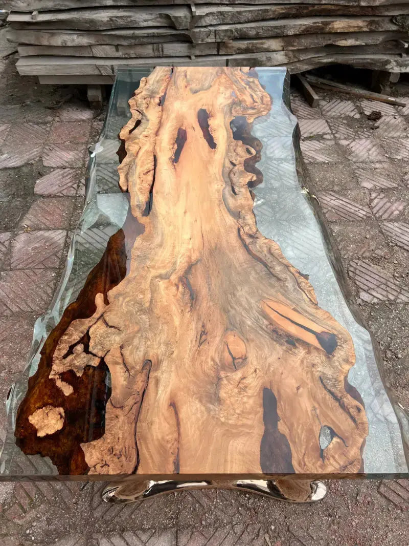Natural Epoxy Side Dining Table Made Of Linden Wood | Aluminum Legs Featured