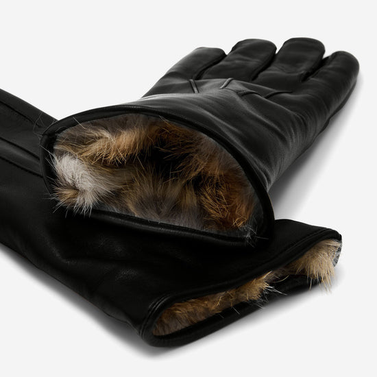 Luciana (black) - Extended women’s Italian lambskin leather gloves with rabbit fur lining