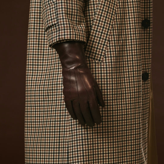 Luciana (brown) - Extended women's Italian lambskin leather gloves with rabbit fur lining