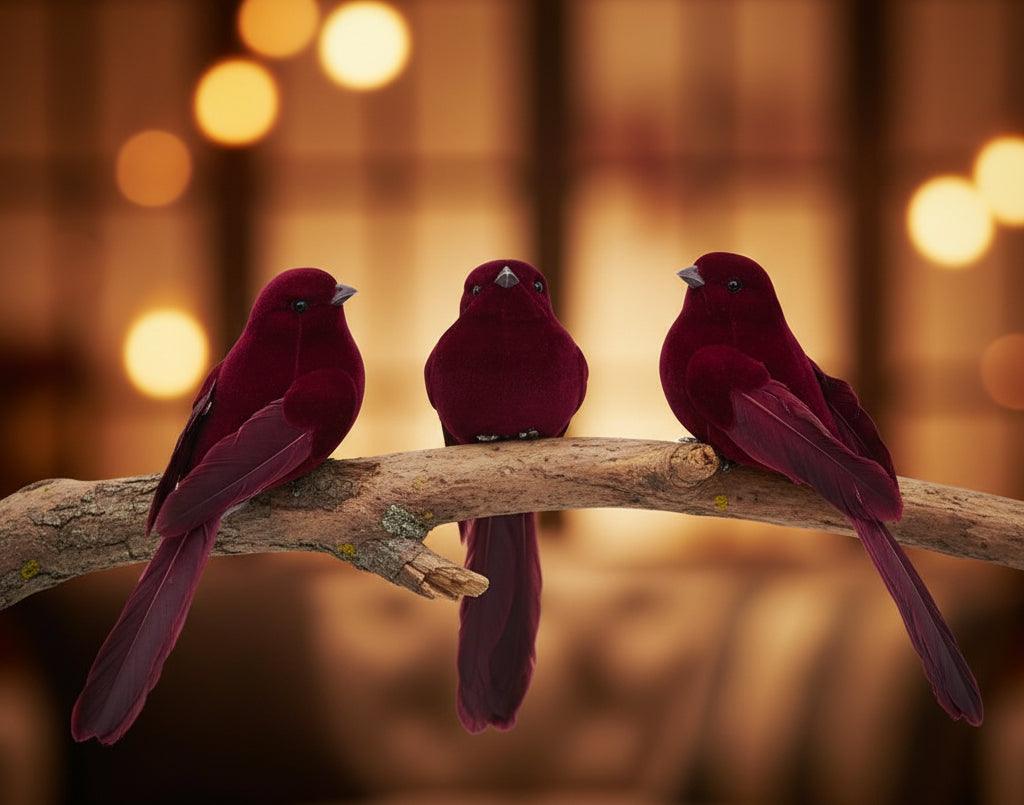 Set of 12  Assorted Style Burgundy Birds w/ Clip