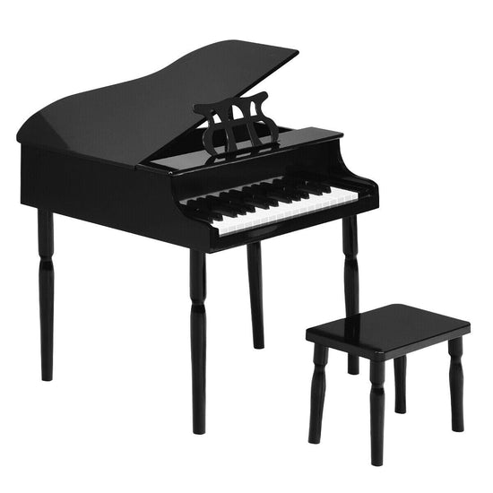 30-Key Wood Toy Kids Grand Piano with Bench & Music Rack-Black - Color: Black