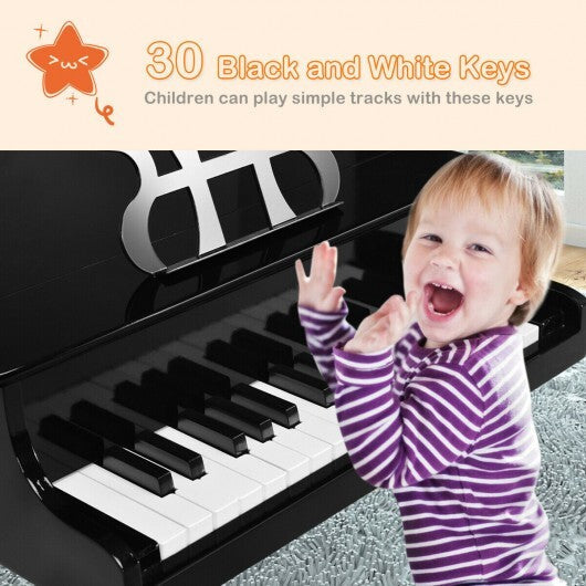 30-Key Wood Toy Kids Grand Piano with Bench & Music Rack-Black - Color: Black