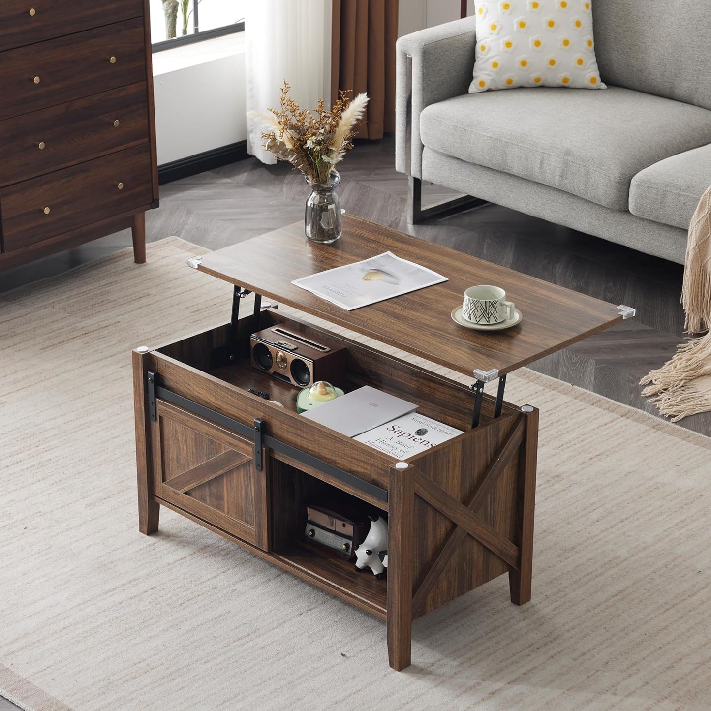 Lift Top Coffee Table 36" Farmhouse Rustic Wood Hidden Storage & Sliding Barn