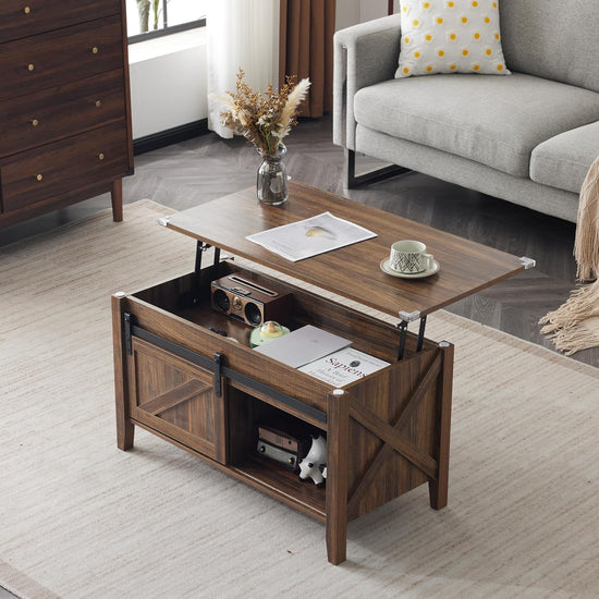 Lift Top Coffee Table 36" Farmhouse Rustic Wood Hidden Storage & Sliding Barn