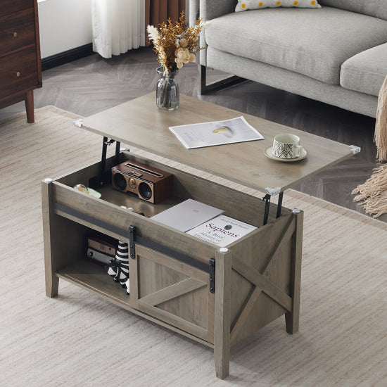 Lift Top Coffee Table 36" Farmhouse Rustic Wood Hidden Storage & Sliding Barn