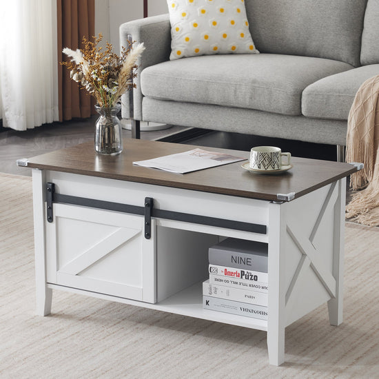 Lift Top Coffee Table 36" Farmhouse Rustic Wood Hidden Storage & Sliding Barn