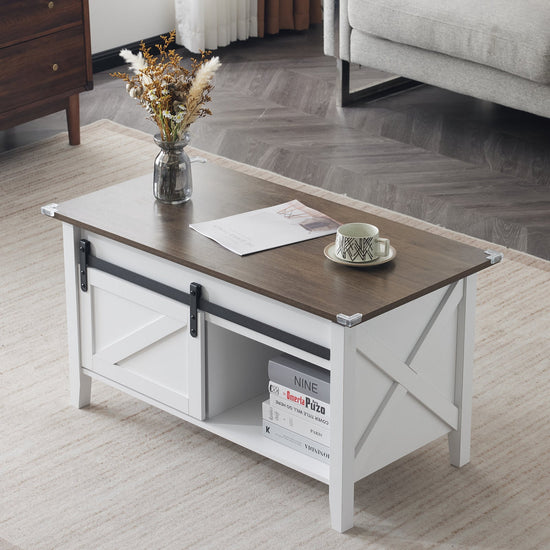 Lift Top Coffee Table 36" Farmhouse Rustic Wood Hidden Storage & Sliding Barn