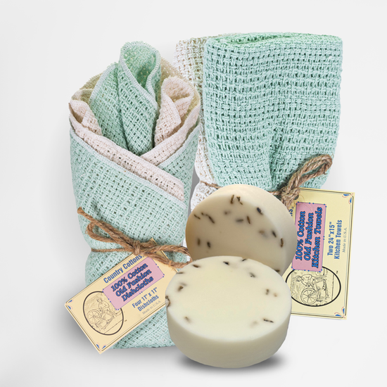 Starter Kit 100% Cotton Dishcloth 11" x 11" (4), Kitchen Towel 24" x 15" (2), Dish Soaps (1 Each Scent)