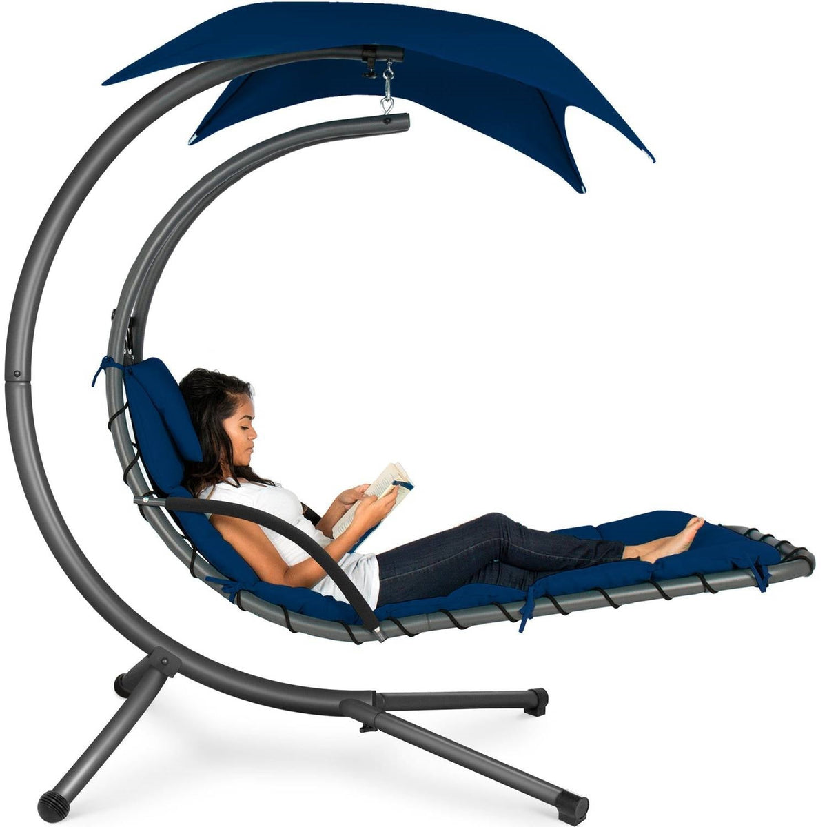 Navy Blue Single Person Sturdy Modern Chaise Lounger Hammock Chair Porch Swing