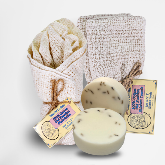 Starter Kit 100% Cotton Dishcloth 11" x 11" (4), Kitchen Towel 24" x 15" (2), Dish Soaps (1 Each Scent)