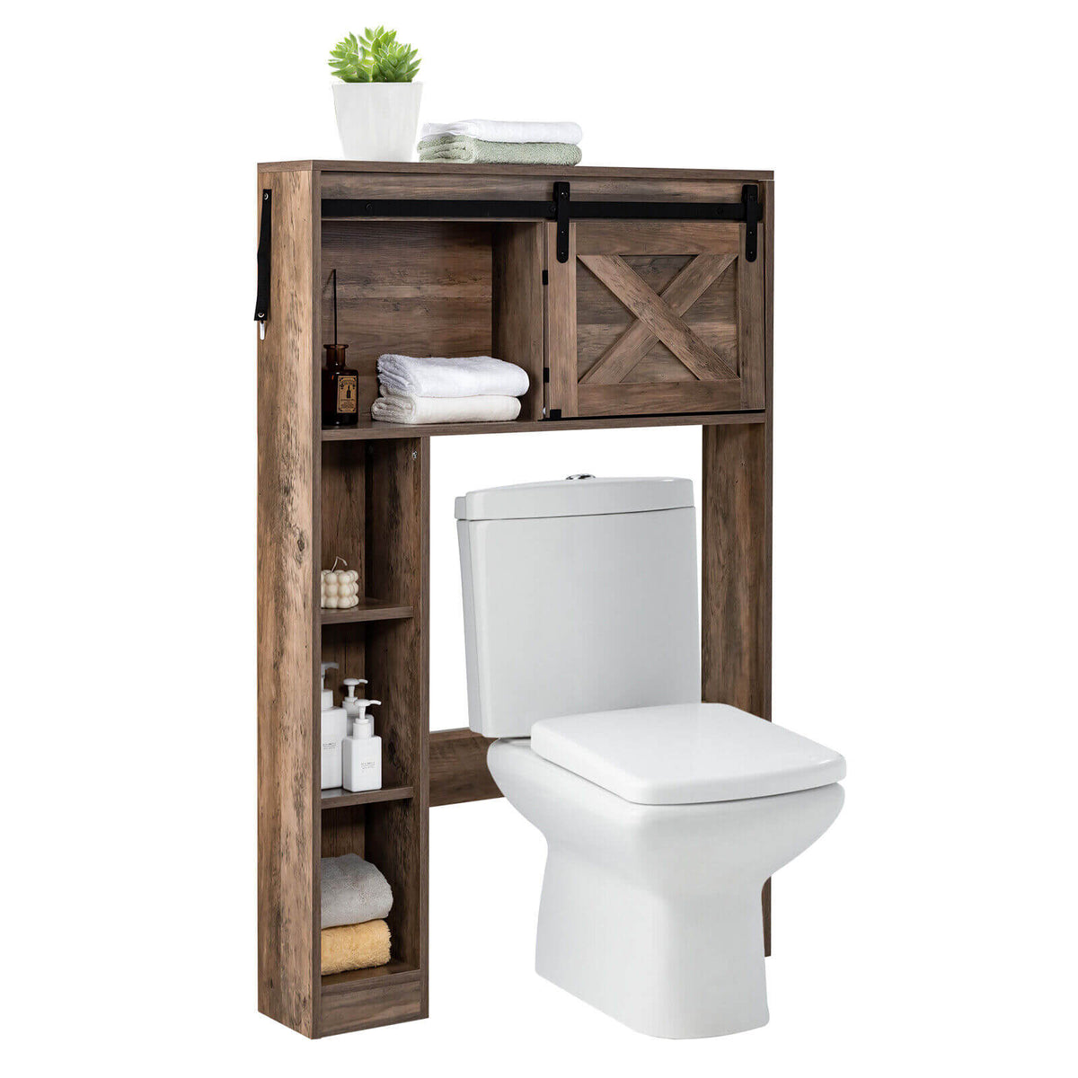 4-Tier Over The Toilet Storage Cabinet with Sliding Barn Door and Storage Shelves