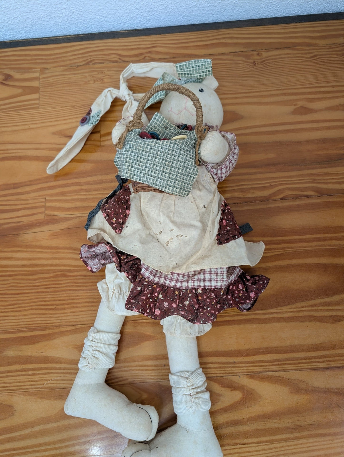 Folk Art Country Rabbit Doll from Handmade -  Toys / Decor (Fabric, Muslin Doll, Farmhouse, Country, Folk Art, Cream, Brown, Green, Red)